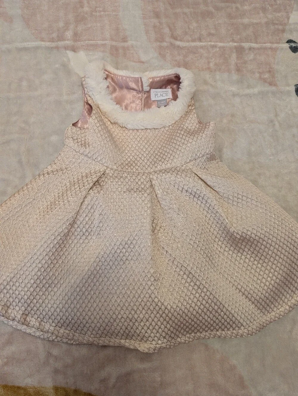 NWOT - The Children's Place Pale Pink Textured Holiday Dress with Faux Fur Trim
